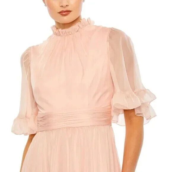 MAC DUGGAL RUFFLED MOCK NECK FLUTTER SLEEVE HIGH LOW HEM GOWN PINK BLUSH SZ 20 - Picture 3 of 6